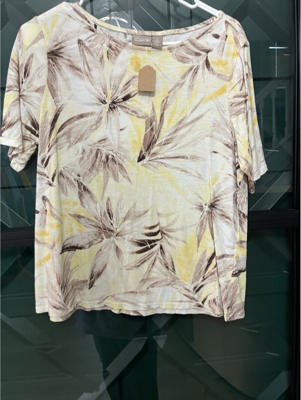 Chico’s Yellow Floral Ladies Cotton Short Sleeve Blouse - Size 1